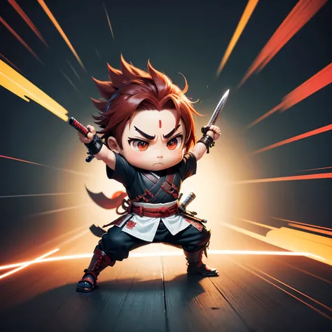 best quality, (chibi, super deformed, full body), samurai wields a Japanese sword, motion-blur, action-lines, speed-lines