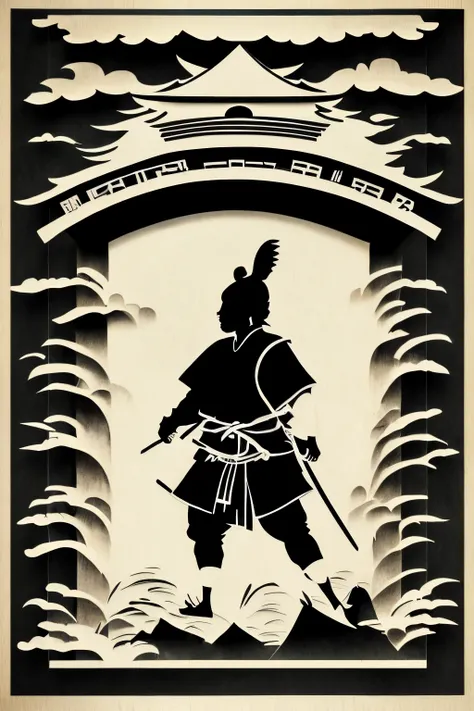 best quality, shadow puppet, silhouette, Japanese style drawing, ukiyo-e style, ink painting, watercolor art drawing, Japanese samurai, Japanese samurai, (Japanese sword, shining silver plated:1.1), Japanese armor, Japanese samurai costume, Japanese castle...