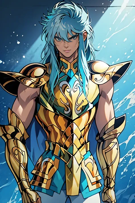 homem, masculino, male, armadura de ouro, aquarium armor, cabelo azul claro, light blue hair, imagem detalhada, ultra definida, ...