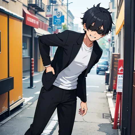 calidad superior, Obra maestra, Ultra high resolution, anime illustration of a boy with black spiky hair who has both eyes covered by a black blindfold, wears a school uniform and has a friendly smile and his hands are in his pocket and he is standing on a...