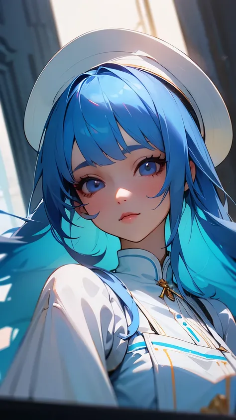 Alkanevi, One wearing a white dress、Lolita with medium-length blue hair, female face,cute， Unreal Engine Character Art, portrait