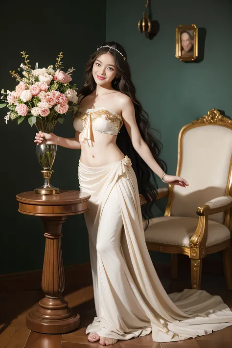 full body portrait or statue、Vigée Leblanc style、math、astronomical machine、astronaut、roses in vase、fruits、Cute trinkets、smile、ancient greek costume、Sandro Botticelli paintings、Clothes that stretch your shoulders、A big smile、expression of ecstasy、sexy、beaut...