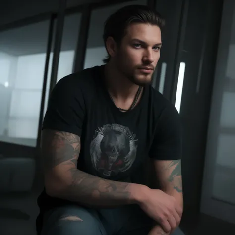 homme arafé avec des tatouages et un teeshirt noire debout dans une pièce sombre, Crain de Clayton, Jony Ives, bam margera, survivre à la collection streetwear, Tony Sandoval, trapu, style de seb mckinnon, Inked, il y a une personne, menacing look, photo d...