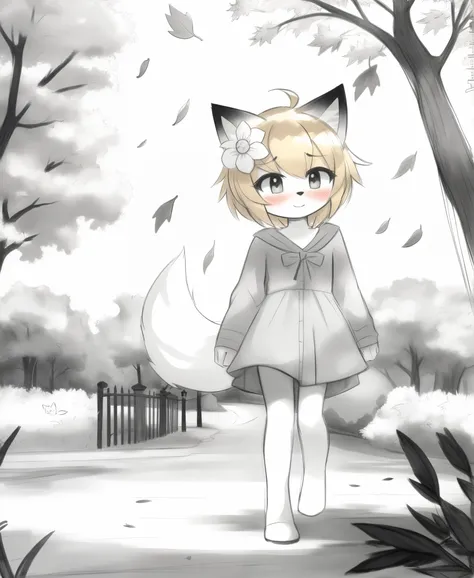 traditional media, monochrome, (black and white:1.2), (sketch:1.3), colored marker cinematic angle, cinematic lighting, masterpiece, best quality, sen, blonde hair, animal ears, fox ears, blush, animal ear fluff, hair ornament, fox girl, hair flower, hair ...