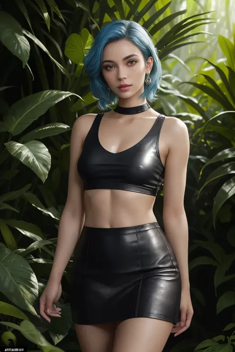 fashion photography portrait of Индияn girl with blue hair, in a lush jungle with flowers, 3D rendering, computer graphics, symmetric, octane number, 35 mm, hips, (complex parts:1.12), HDR, (complex parts, hyperdetailed:1.15), (natural skin texture, hyperr...