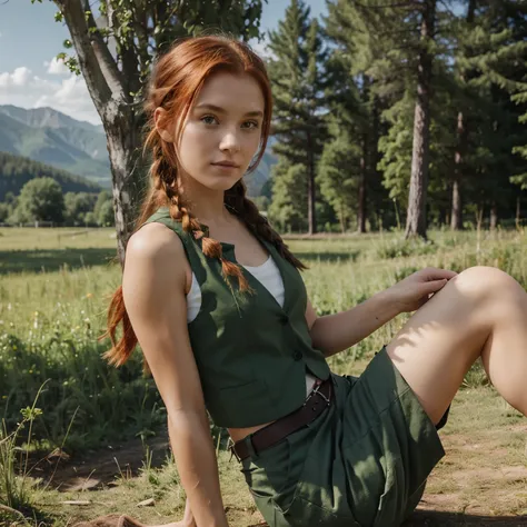 1girl, 25 years old, red hair, single braid over shoulder, pretty face, green shirt, dark green vest, gray cargo pants, satchel BREAK sitting, open field, forest, mountains in background.