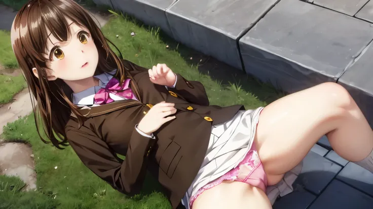 Sayuogiwara, Sayu Ogihara, brown hair, (brown eyes:1.5), medium hair,{{{Girl straddling a bike saddle cushion}}}, sayuogiwara,school uniform,mini skirt,beautiful breasts,,NSFW,Very embarrassing panic smile, (The wind flipped my skirt and exposed my butt......