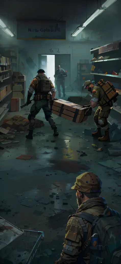 Survivors in the supermarket carry a large box of items, conceptual art like ernest halimov, Detailed game art illustrations, FPS game concept art, game illustration, inspired by Ismail Incioglu, author：Ismail Incioglu, Video game concept art, Ismail Inseo...