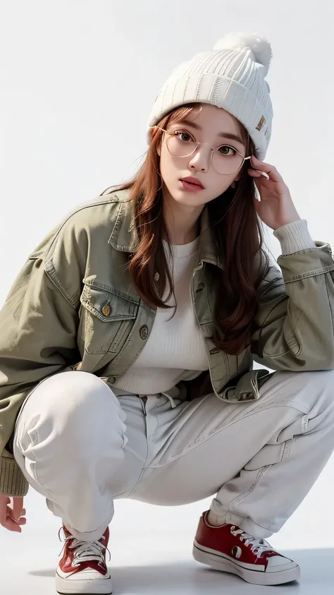 (highest quality, High resolution, masterpiece :1.3), beautiful adult woman, ((pure white background)), (Wearing an oversized khaki jacket, wearing a white shirt, Wearing wide denim pants, wear sneakers, wearing a knitted hat, round glasses), (Loose wavy r...