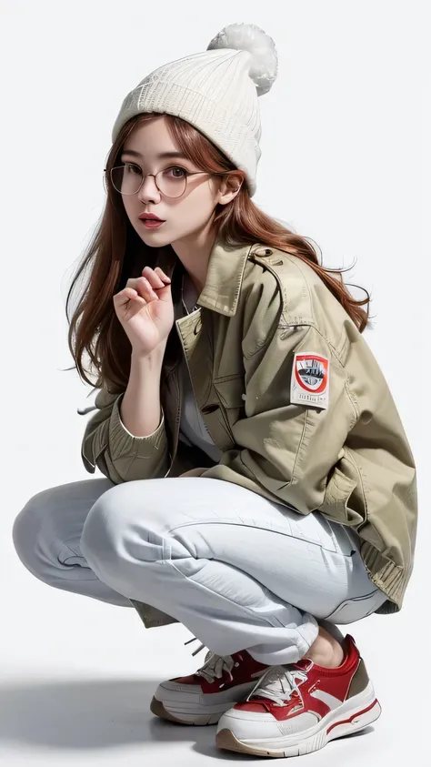 (highest quality, High resolution, masterpiece :1.3), beautiful adult woman, ((pure white background)), (Wearing an oversized khaki jacket, wearing a white shirt, Wearing wide denim pants, wear sneakers, wearing a knitted hat, round glasses), (Loose wavy r...