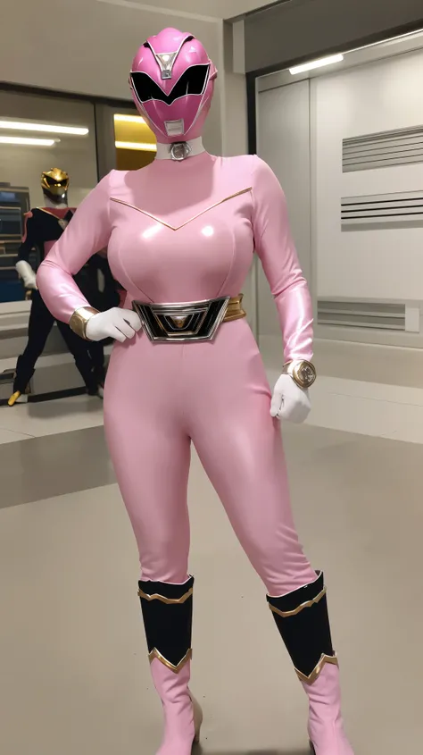 (8K、ultra high resolution、highest quality、masterpiece、realistic、ultra high resolution)、(((Must be female、Always shiny enamel pink Power Rangers、Must have big breasts、pretty big breasts、toned body))A full-face helmet that ensures that your face and hair are...