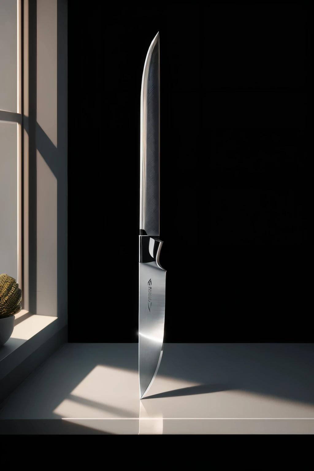 In the heart of a modern and fashionable kitchen, a sleek and realistic octane render of a kitchen knife takes center stage under the soft, natural light streaming in through a nearby window. The knifes sharp edges and intricately detailed blade gleam in t...