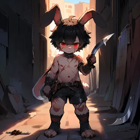 best quality，masterpiece，((the only person))，((my own))，hairy，Kanno，shorts，sock，belt，leg rings，(short)，（little boy)，((straight ear))，((black hair，no ears，Rabbit facial features，Rabbit physical characteristics))，red eyes，Shota，juvenile（rabbit tail），so cute，...