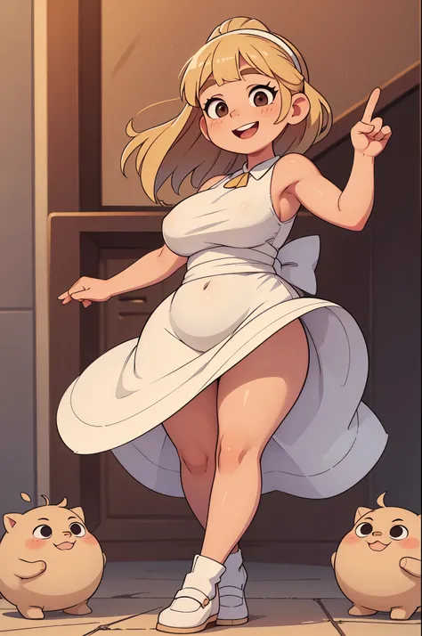 Drawing of a pudgy teen of late adolescence with rosy cheeks, brown eyes, creamy blonde hair. She is in a white dress with a prominent bow on her waist; she is wearing black dress shoes. She has muscular, toned, realistic feet and legs. Her legs are thick,...