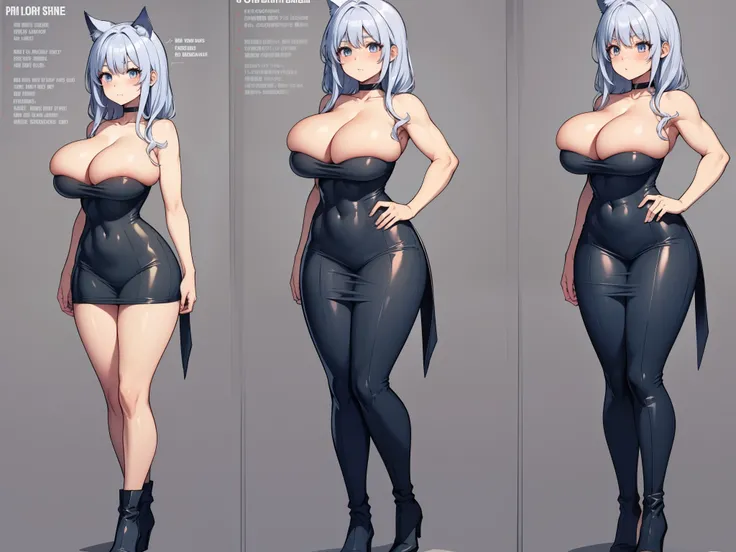 slim and beautiful cat woman, pink hair, blue eyes, slim body, big huge breasts, long and muscular legs, tight transparent one piece dress, high boots, 8k, hd, master piece, full body, character design in different perspectives, front, rear, left and right...