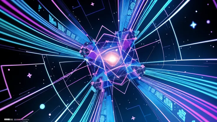 There are many tiny quantum particles floating around in space，They are connected by bright networks and energy fields。Some quanta exhibit entangled relationships，Interactions with each other present sophisticated and complex patterns。There are geometric f...