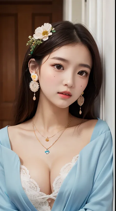 highest quality、pretty girl、round face、Big eyes、thin lips、mole under lips、flower earrings in ears、seashell necklace、Robe décolleté、boots、Ribbon ornament、Abandoned school building