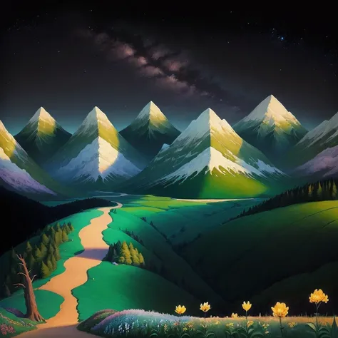 painting of a path leading to a mountain range with trees and flowers, painting of a dreamscape, fantasy acrylic on canvas, mountainscape, inspired by Gertrude Abercrombie, painted landscape, inspired by Rob Gonsalves, grass mountain night landscape, mount...