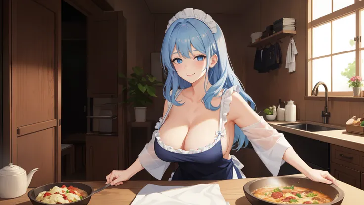 1girl in, A smile, beautiful blue eyes, large breasts, cleavage, Cooking in your room、barechested,Wearing only an apron, sexy, half-closed eyes