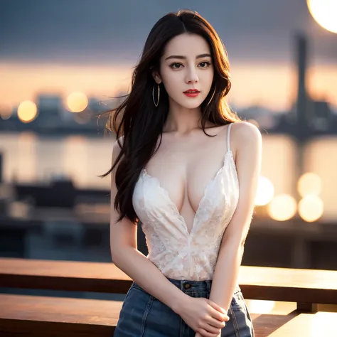 ((top quality、8k、​Masterpiece:1.3))、Extremely delicate and beautiful girl，full-body shot，huge breasts，bigger breasts，amazing breast size，H cup，Are breastfeeding，miniskirt，sunset，sunset。Wear big earrings，Very white skin，moist red lips，Waist is very thin，Thi...