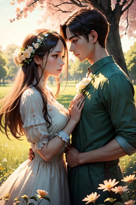 A couple stands in the middle of a lush garden, surrounded by blooming flowers and tall grass. The sunlight gently filters through the trees, casting a soft glow on their faces. Their eyes are beautifully detailed, reflecting the depth of their emotions. T...