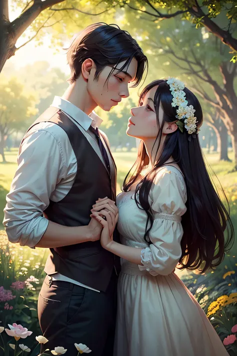 A couple stands in the middle of a lush garden, surrounded by blooming flowers and tall grass. The sunlight gently filters through the trees, casting a soft glow on their faces. Their eyes are beautifully detailed, reflecting the depth of their emotions. T...