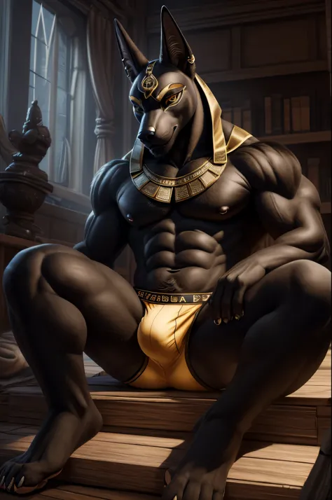 ((realistic)), upload on e621, by Garmash,Ruan Jia, darkgem, anthro, male, ((( detailed fluffy fur))), ((sitting)), detailed realistic painting, (((biceped))), (((shaded))) extreme detail, ((anubis)), jockstrap, black body, jackal, muscular,bulge ,showing ...