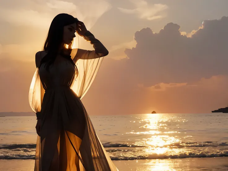 cute girl silhouette,Backlight,(((sheer long dress costume))),You can see the body line