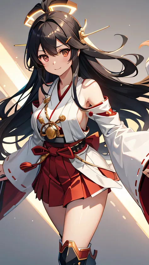 High resolution, masterpiece, highest quality, cinematic lighting, eyes visible through hair, See-through, shine, gold hair band, 艦隊これくしょん -KanColle-, non-traditional shrine maiden, red hakama short skirt, thigh boots, wide sleeve, bare shoulders, black wa...