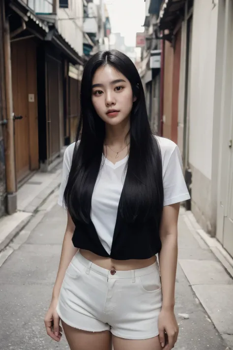 ((best quality)), ((masterpiece)), (detailed), korean, black hair, a lot of cheek fat, female, With a Korean alley in the background, matchless, shorts, white shirt