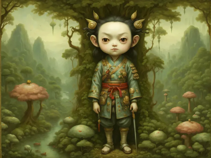 the neural network draws a picture against the backdrop of a surreal asian jungle, heroic samurai from another world, samurai lo...