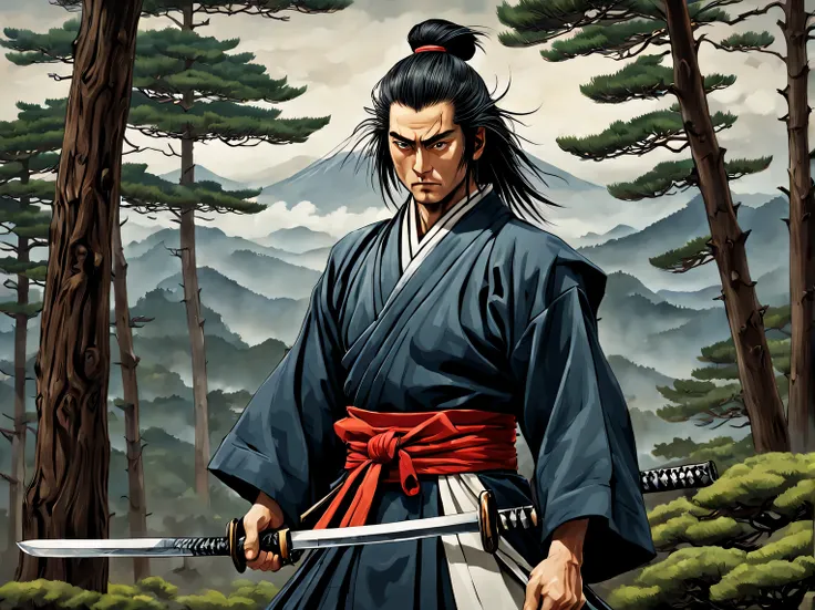 the neural network draws a picture against the backdrop of fuji and japanese pine trees, heroic creature - proud samurai, holdin...