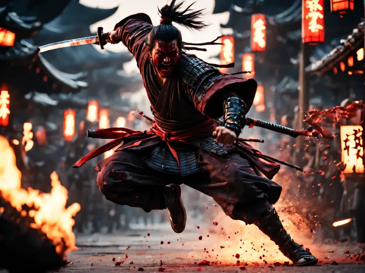 cinematic frame, depicting an action scene, a bloody samurai leaps and swings his sword at the enemy, emotions of rage on his fa...