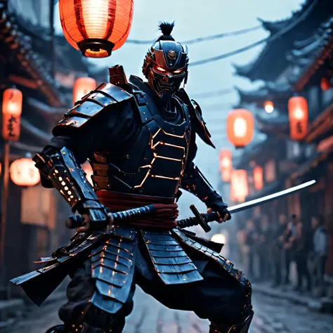 cinematic frame, depicting an action scene, cybernetic samurai makes a jump and swings his sword at the enemy, emotions of rage on his face, grin of rage, metropolis street, Evening, Evening lighting, lantern light, Dynamic frame, cinematic lighting, focus...