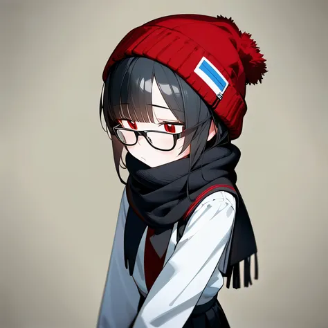 (masterpiece), best quality, expressive eyes, perfect face, red eye, black beanie, cut black hair, black scarf, black school uniform, short skirt, Round Glasses Black, standing, upper body, simple background,