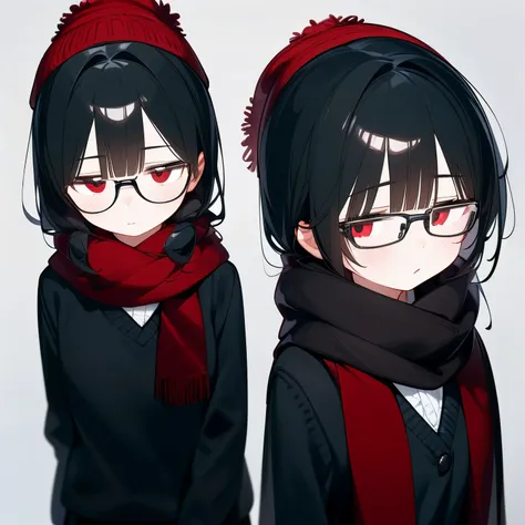 (masterpiece), best quality, expressive eyes, perfect face, red eye, black beanie, cut black hair, black scarf, black school uniform, short skirt, Round Glasses Black, standing, upper body, simple background,