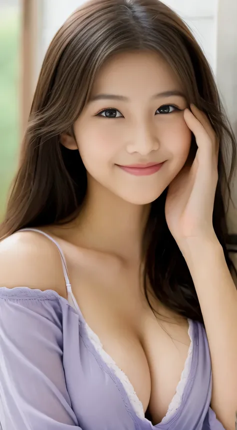 Japanese ),((beautiful girl)),cleavage,An expression that imagines something pleasant:1.2,(perfect body beauty:1.2),((perfect body)),(shy smile),beautiful teeth,