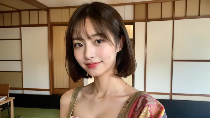 ((masterpiece)), ((high quality)), ((genuine)), ((8k)) super beautiful, cute, Yukaku, Oiran , Tanbo, Superior hotel, golden screen, Shamisen, kimono, Twelve Single kimono, Japanese people々, 30 years old, 1 female, cleavage, shoulder out, sitting on the tat...