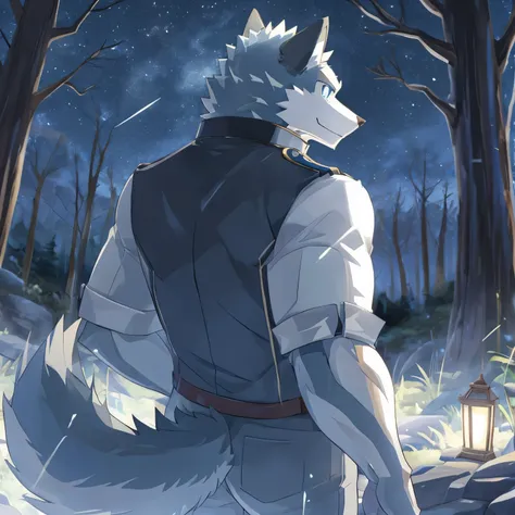 (best quality),(masterpiece:1.2),blue eyes,light white fur,blue fur,hairy,alone,Profile picture,Humanity (Wolf),male,whole body,back,back view,look back,watching_exist_audience,Smile,Laid back,On a walk,relaxed,Tall and skinny,两只手放exist口袋里,night,in the for...