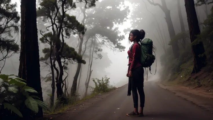 create an image of a South Indian hippie girl with the nose ring and hiking backpack standing alone, helpless on the side of the mysterious highway & waiting for a bus, her hair blowing in the wind and covering her whole face, middle of nowhere, dark eerie...