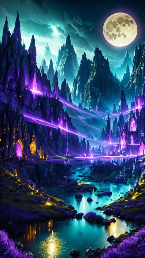 A fantastic and fantastic landscape spreads out where the side mountains are divided in half by a ditch., Surrealist landscapes, Mysterious night, bright full moon, magic light , neon light, magic of light, mysterious knight, (purple lights,green, yellow),...