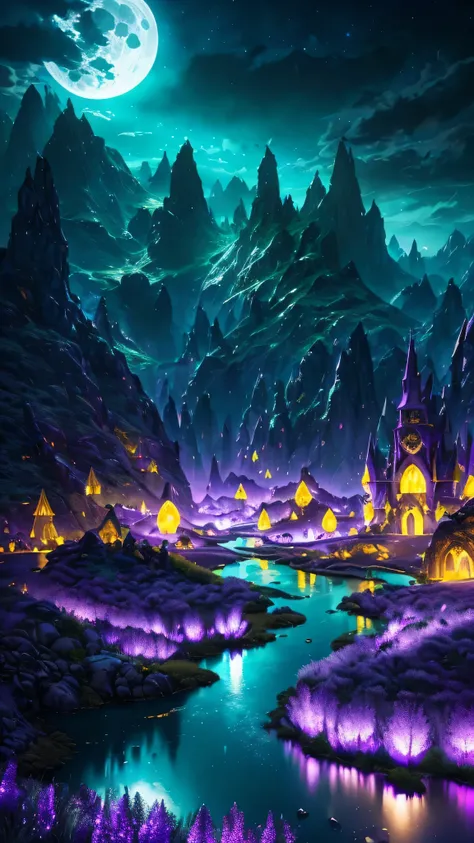 A fantastic and fantastic landscape spreads out where the side mountains are divided in half by a ditch., Surrealist landscapes, Mysterious night, bright full moon, magic light , neon light, magic of light, mysterious knight, (purple lights,green, yellow),...