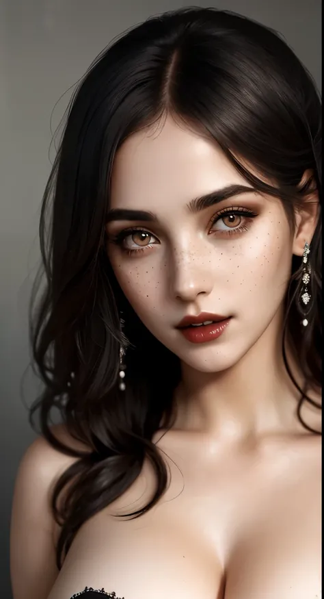 (best quality, hyperdetailed photography:1.2), beautiful lady, freckles, dark makeup, soft light, head and breast portrait, cover, (detailed beautiful face, detail skin texture, ultra-detailed body:1.1) sexy vampire girl, snoopy breast, perfect breast, lar...