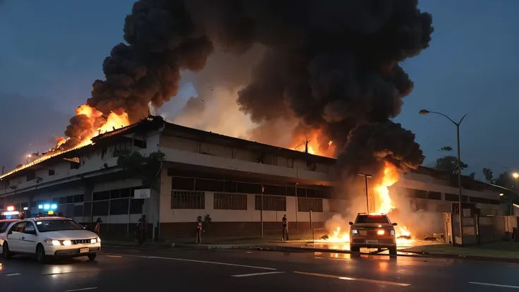 A front view of a Malaysia Government high school on fire, flames everywhere on the school, police cars parked outside the school.