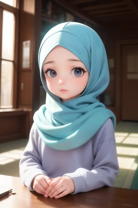 masterpiece, best quality, 1girl, indoors, expressionless, looking at viewer, sweater, hijab