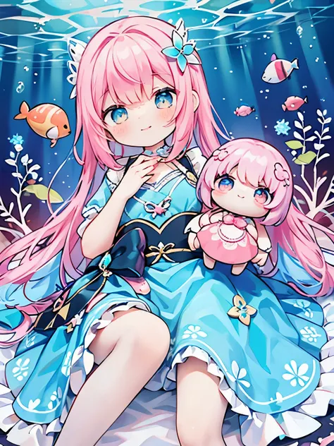 Fluttery dress with doll motif、lots of races、Fish feeling、blue and pink dress、pink hair、Pearl hair ornament、pearl、Dresses with a lot of decoration、fish image dress、in water、coral reef、postpartum hair accessories、Swaying Dresses、lace gloves、excessive decora...