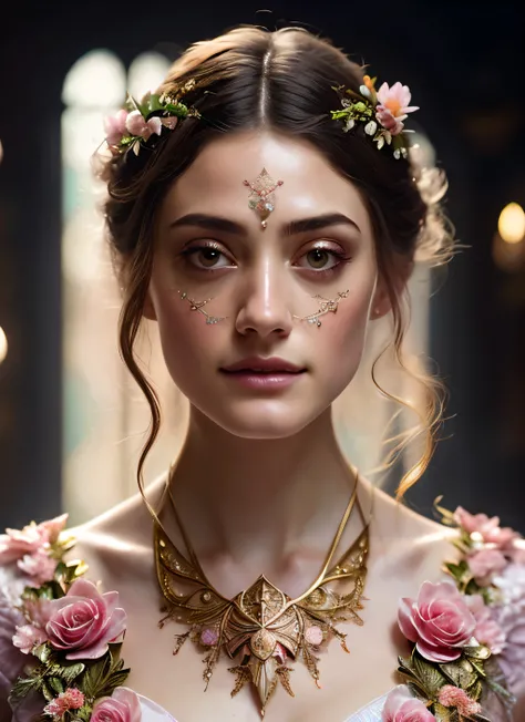 Looks like Emmy Rossum, (symmetry:1.1) (portrait of floral:1.05) a woman as a beautiful goddess, (assassins creed style:0.8), pink and gold and opal color scheme, beautiful intricate filegrid facepaint, intricate, elegant, highly detailed, digital painting...