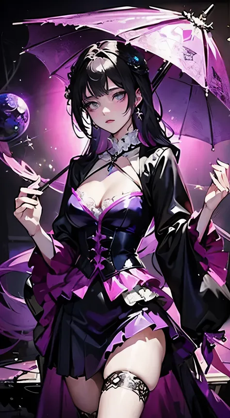 Anime girl in purple skirt holding umbrella in dark room, Moon themed clothing, fantasy costumes, rococo cyberpunk, Elegant Gothic Princess, black and purple clothing, gothic shoujo anime girl, Astral Witch Clothes, lolita fashion, ((beautiful fantasy quee...