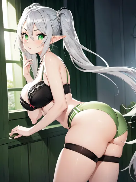 Frieren , anime, 1girl, ass, bra, thighs, silver_hair, twintail_hair, frieren, (frieren: Beyond_journeys_end), light_green_eyes, elf, big_breasts, tight_shorts 