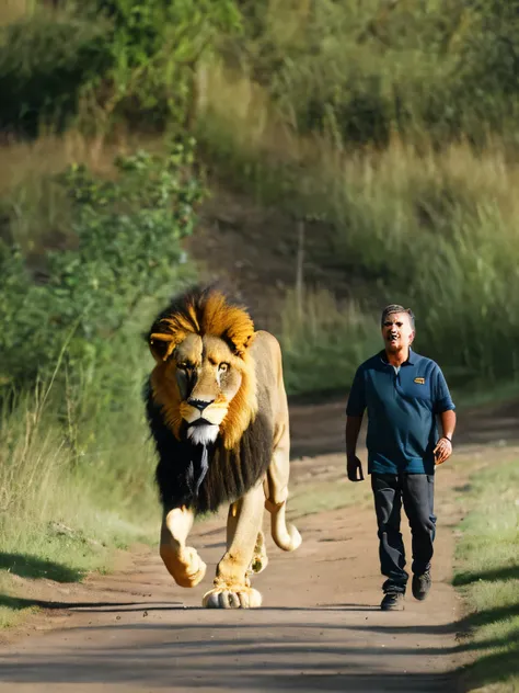 person walking with a lion